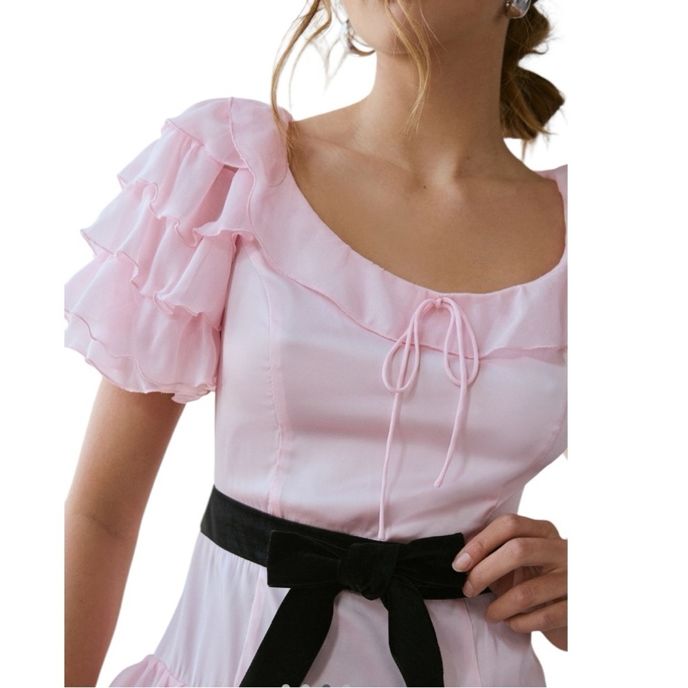 For Love & Lemons Danali Ruffle Pink Ruffle Mini Dress with Black bow - Picture 14 of 16